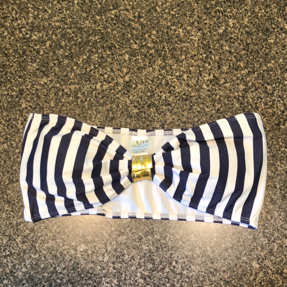 Priya navy blue striped bandolier swim top